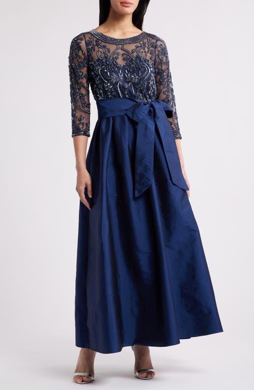 Pisarro Nights Beaded Illusion Neck Taffeta Cocktail Dress In Navy