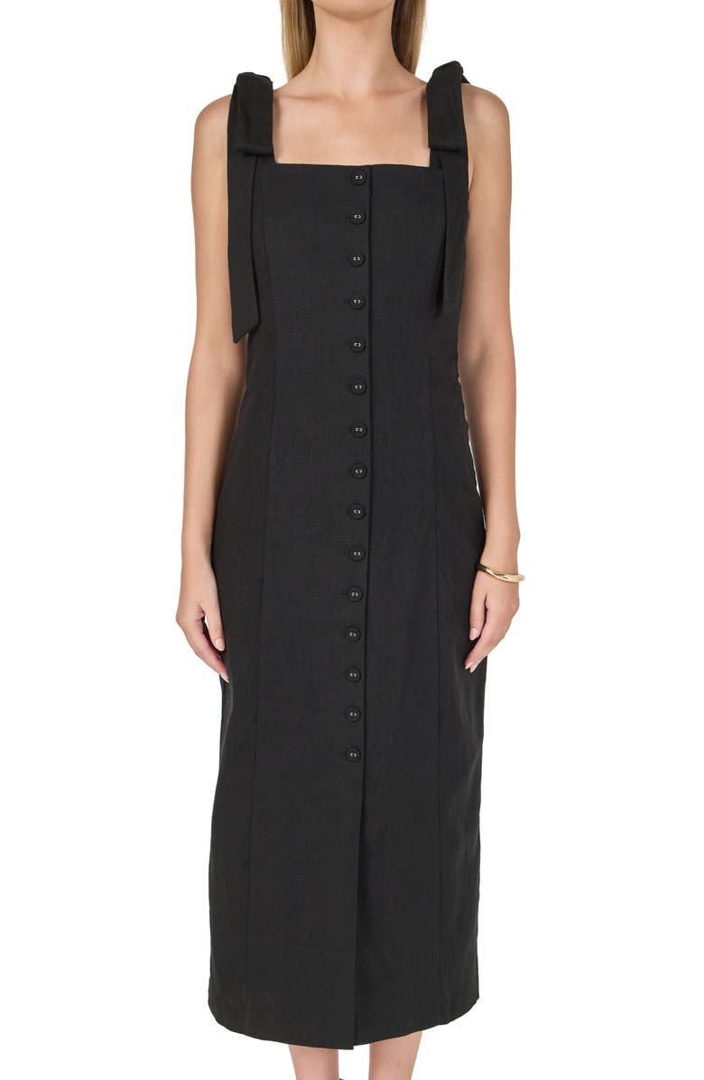 Endless Rose Tie Strap Linen Sundress, Alternate, color, Black
