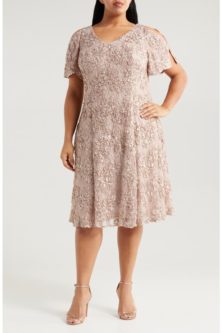 Soutache Lace Sequin Cocktail Dress, Main, color, BUFF
