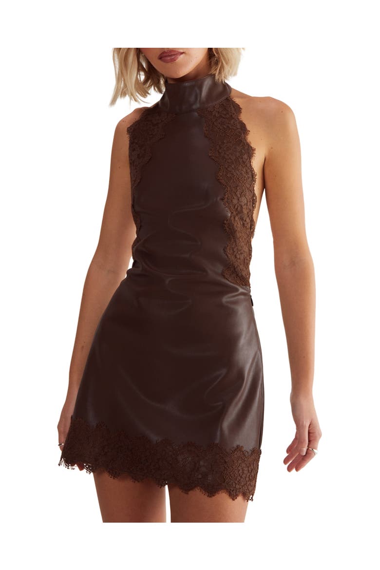 Faux Leather Tie Back Halter Dress, Alternate, color, Chocolate
