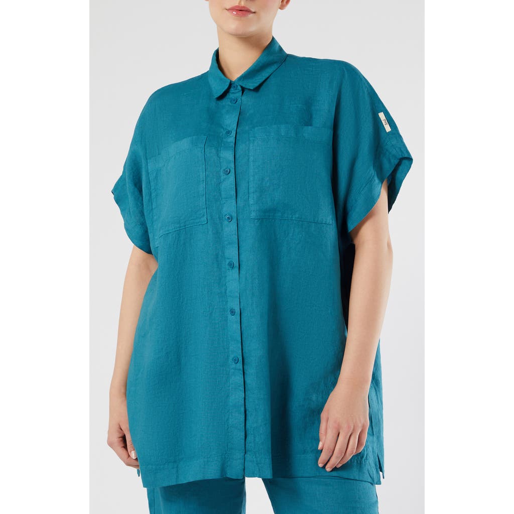Marina Rinaldi Voyage Collection Linen Canvas Button-up Tunic In Blue