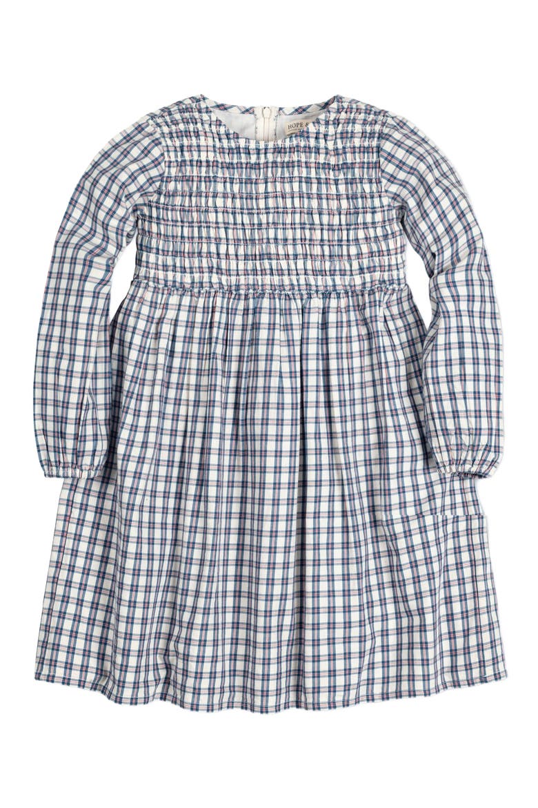 Girls' Organic Smocked Long Sleeve Dress, Kids, Main, color, Ivory and Blue Check