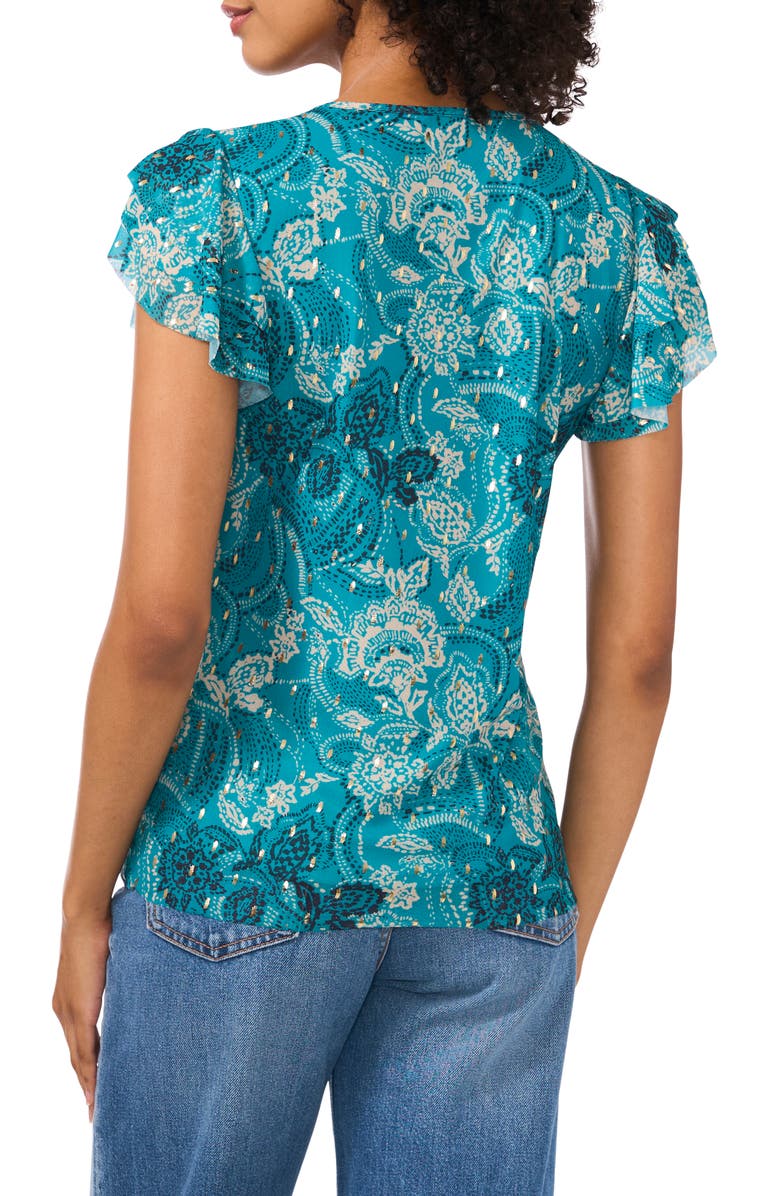 Vince Camuto Floral Flutter Sleeve Mesh Top, Alternate, color, Cool Lapis