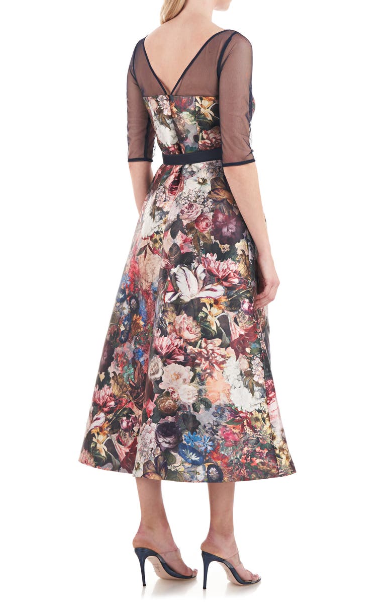 Kay Unger Bonnie Floral Mixed Media Midi Cocktail Dress, Alternate, color, 