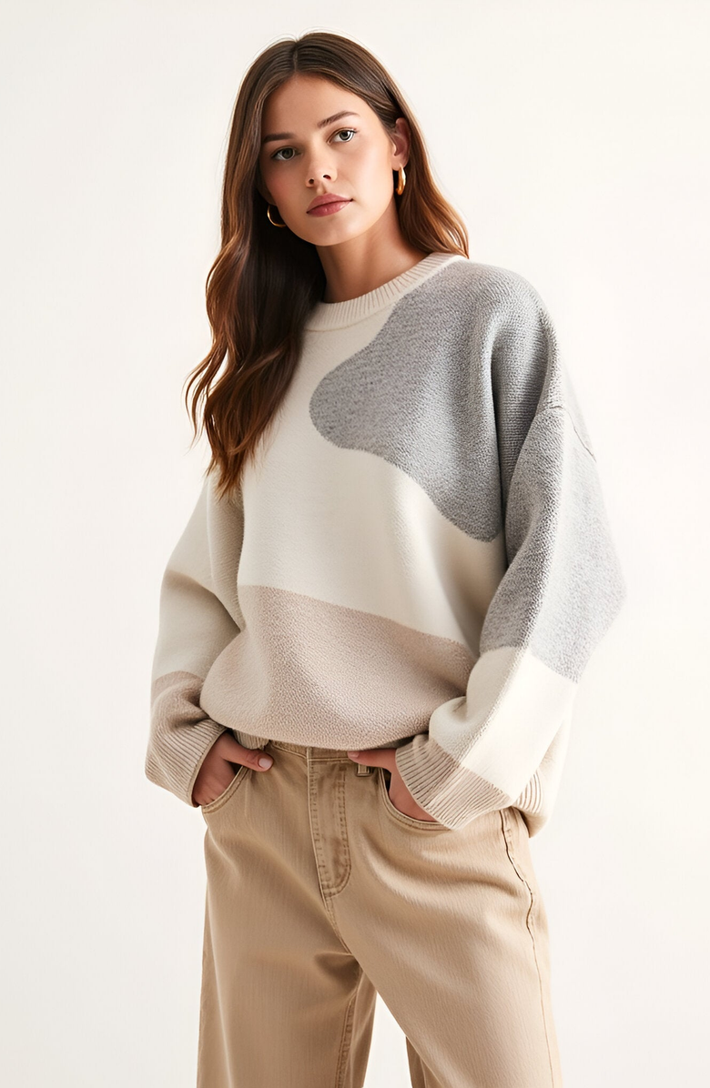 Modenaire Oversized Colorblock Knit Sweater with Crew Neck, Main, color,
