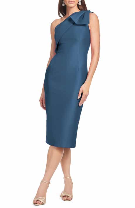 Sharla Bow Detail One-Shoulder Cocktail Sheath Midi Dress