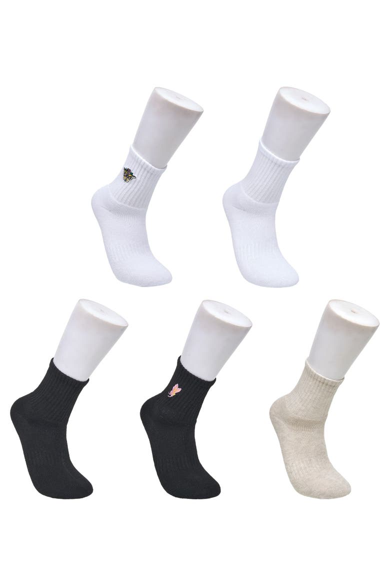 Flower Embroidery Half Cushion Mid Crew Sock 5-Pack, Main, color, White Multi