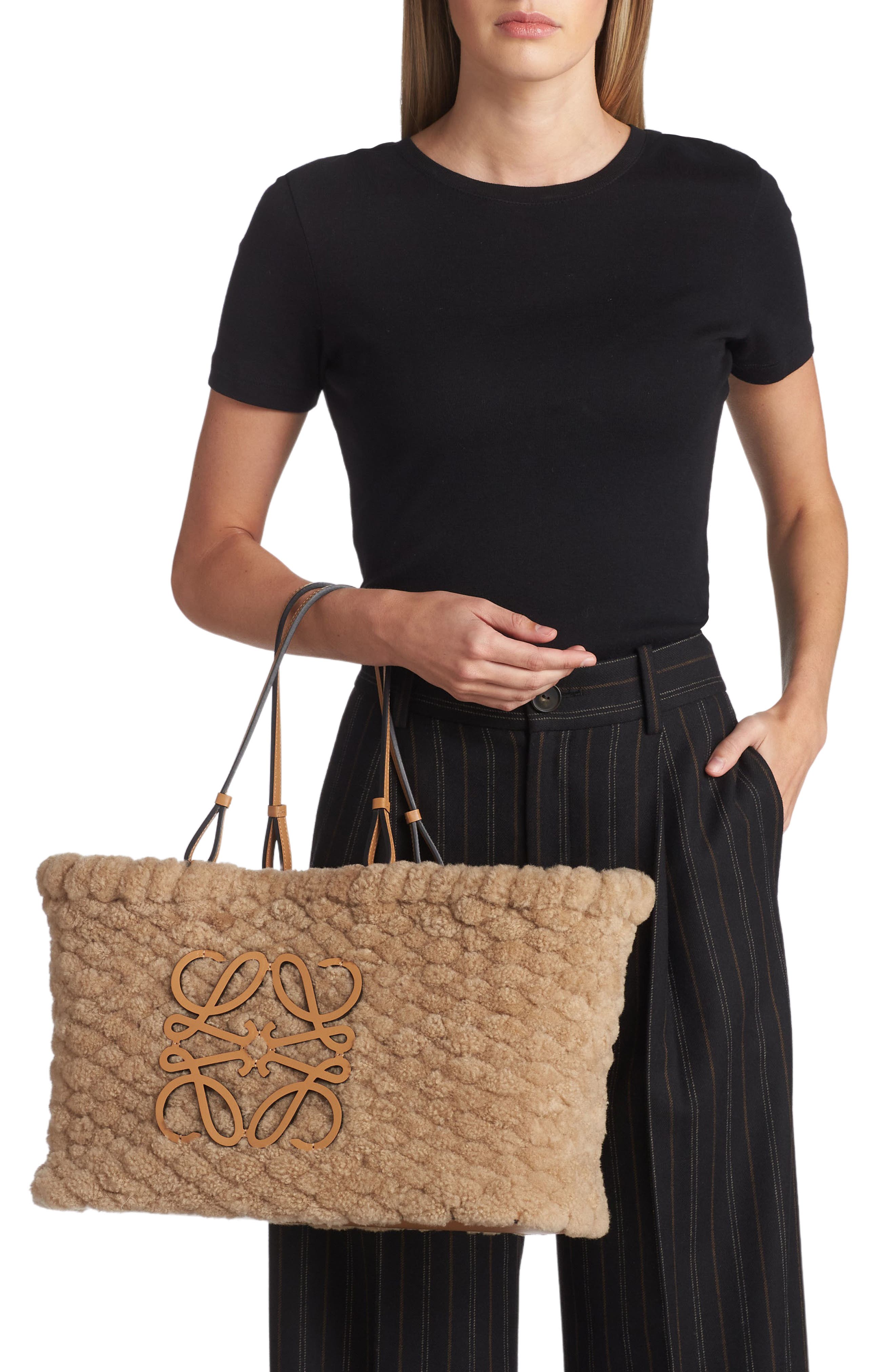 Loewe Woven Genuine Shearling Basket Bag, Alternate, color, 