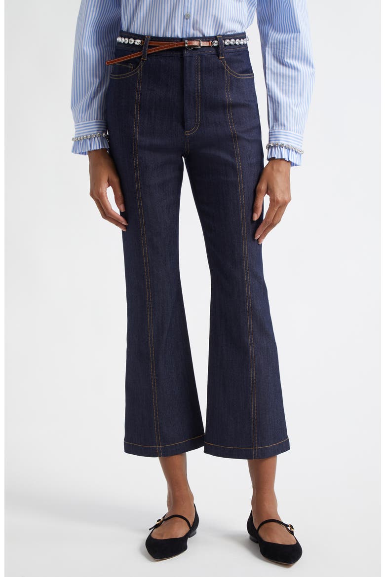 Rhinestone Belted Crop Kick Flare Jeans, Main, color, INDIGO