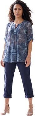 Roaman's Plus Size Tara Pleated Shirt Adjustable 3/4 Sleeve Swing Tunic With Notch Collar