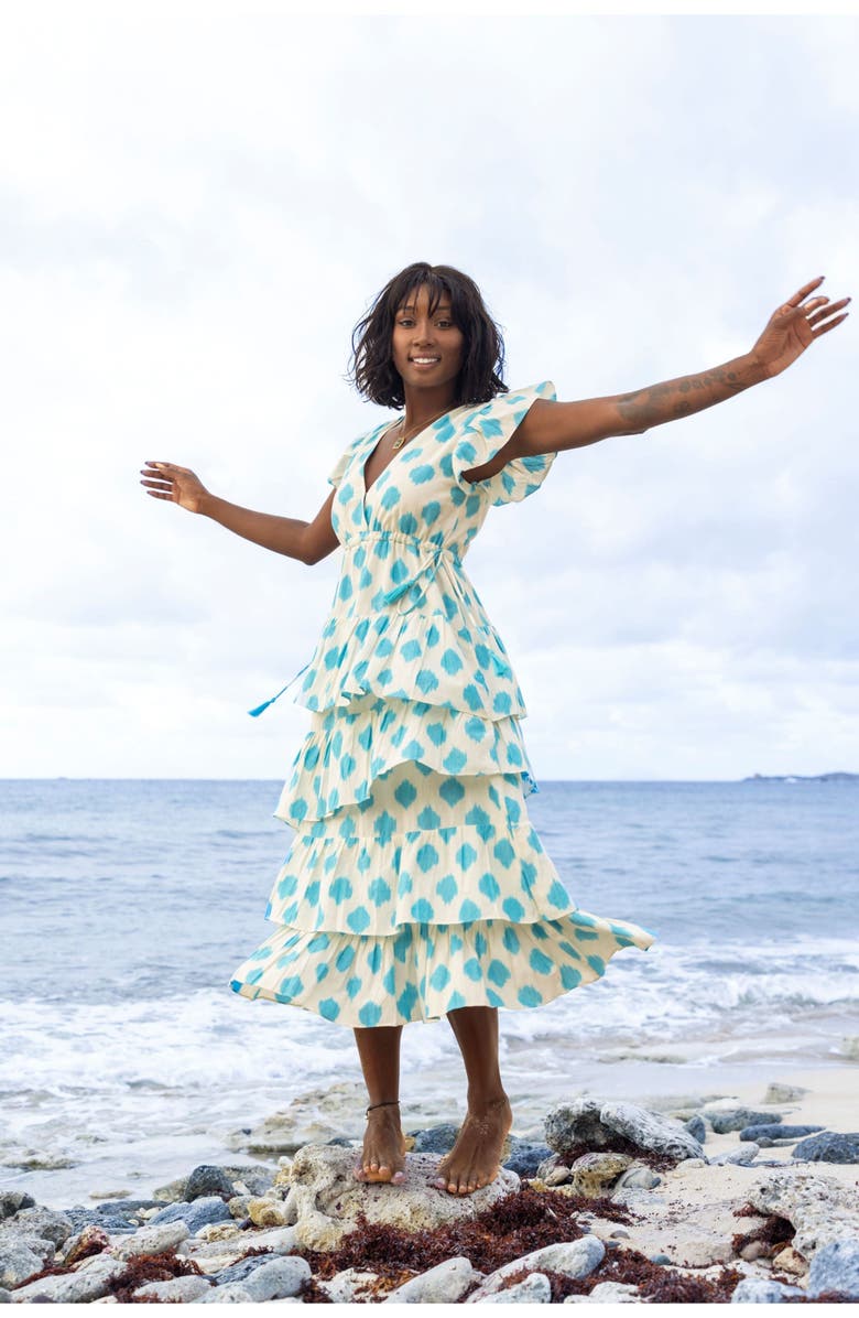 Mer St. Barth Mica Women's Tiered Maxi Dress Cream Aqua Ikat, Alternate, color, 