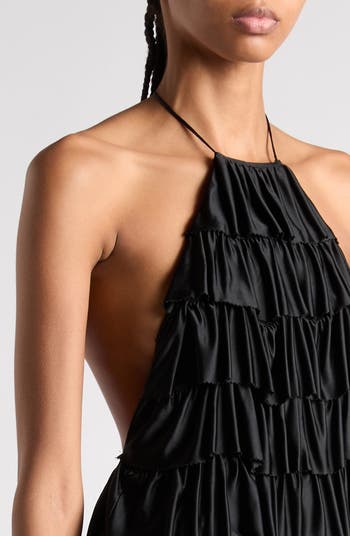 Tiered Gathered Lustrous Jersey Mini Halter Dress