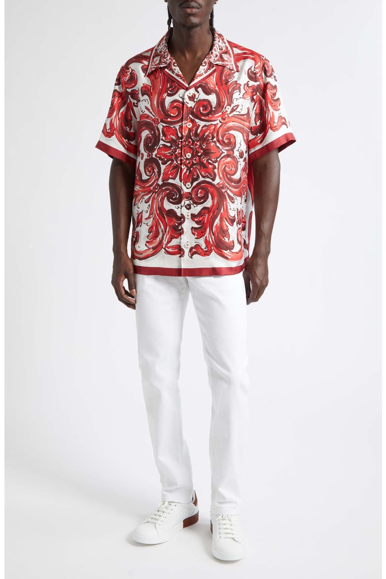 Majolica Print Short Sleeve Silk Button-Up Shirt, Alternate, color, ID5DQ MAIOLICA 1L RUBINO