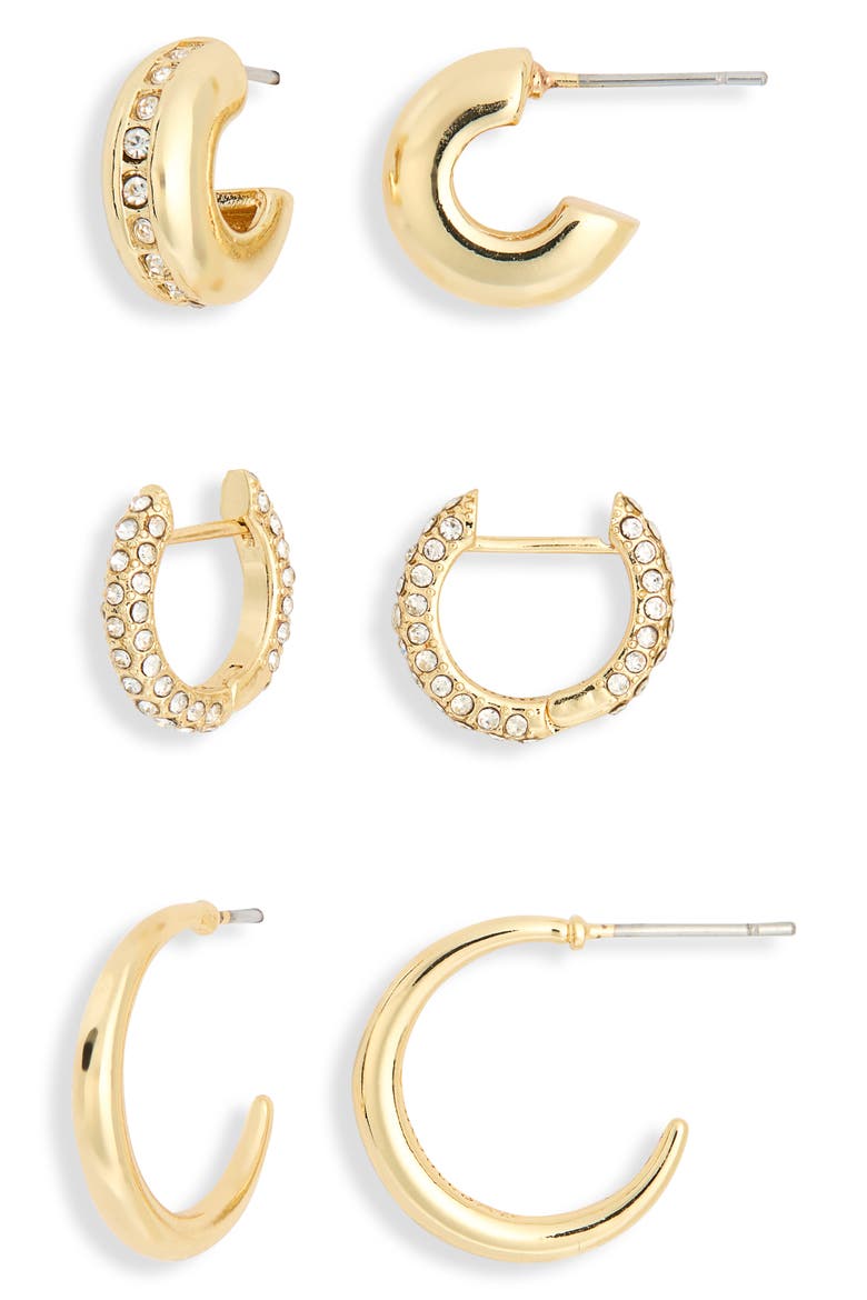 For the Rotation Set of 3 Assorted Hoop Earrings, Alternate, color, CLEAR/ GOLD