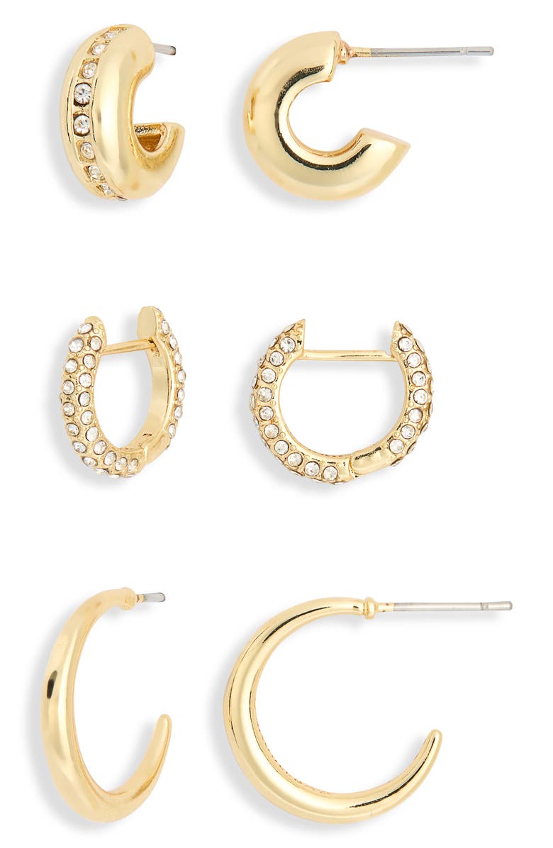 BaubleBar For the Rotation Set of 3 Assorted Hoop Earrings, Alternate, color, Clear/ Gold
