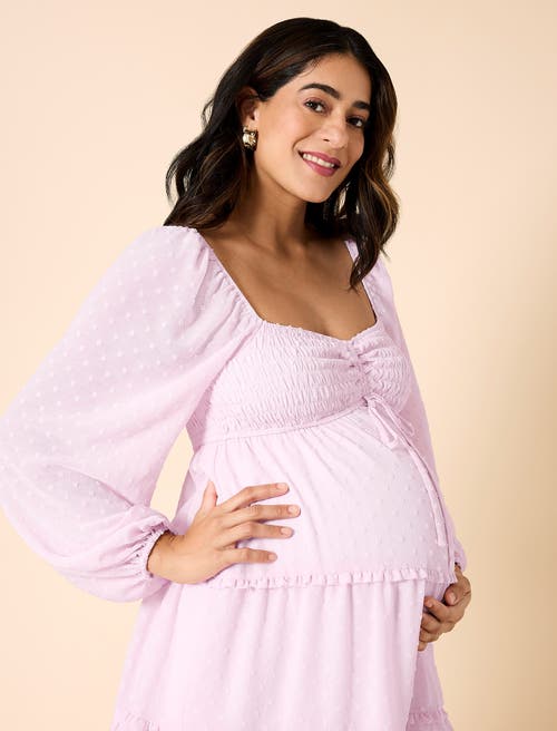 Motherhood Maternity Long Sleeve Front Tie Tiered Maternity Mini Dress In Lilac Chiffon