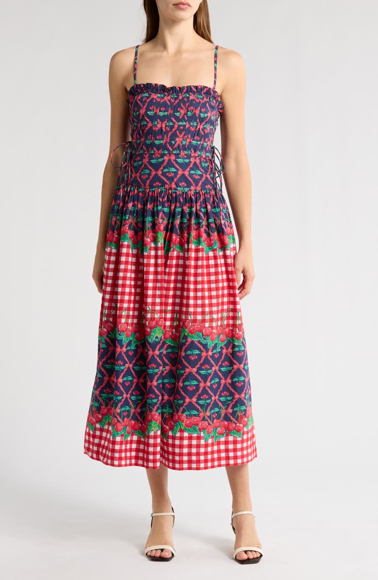 Damson Madder Kelia Cherry Pie Cotton Sundress, Main, color, Navy/ Red