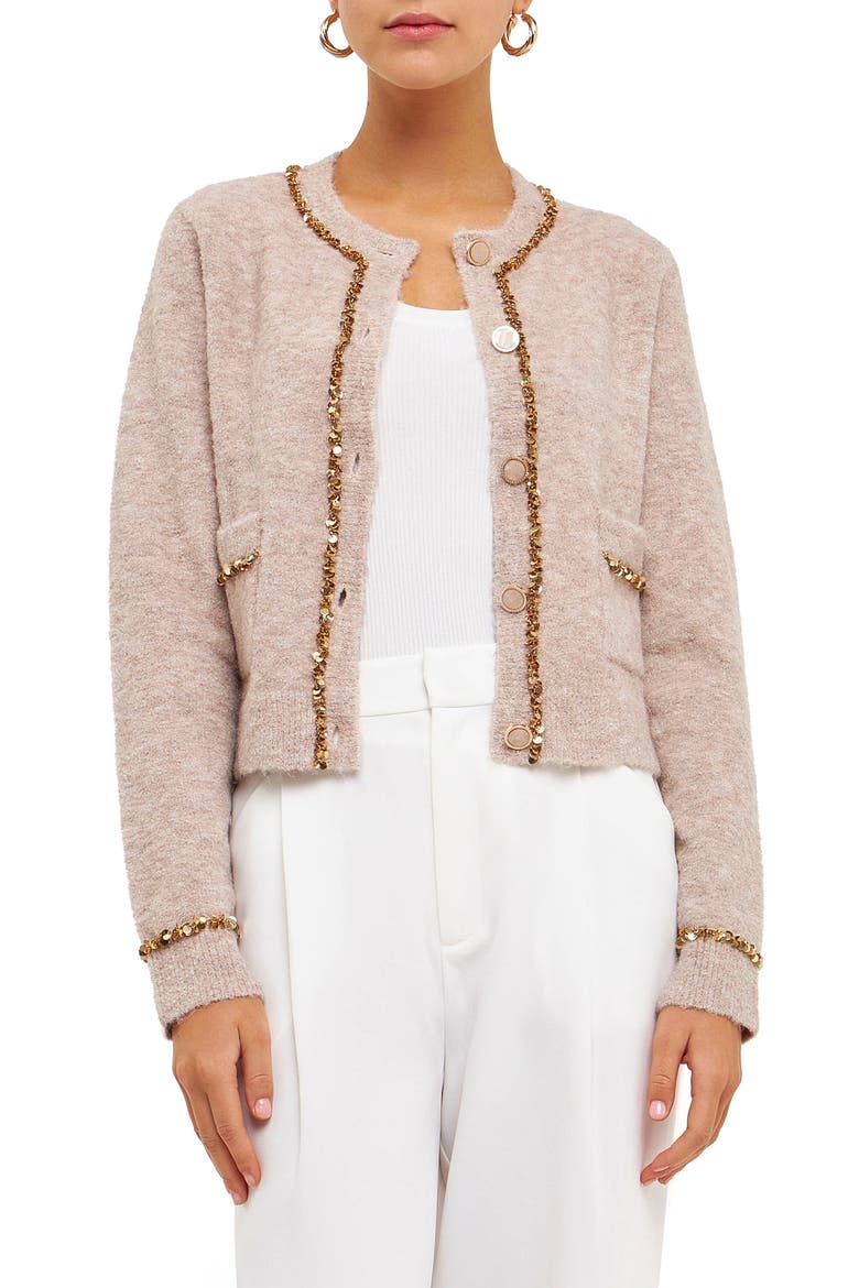 Sequin Trim Cardigan, Main, color, TAUPE