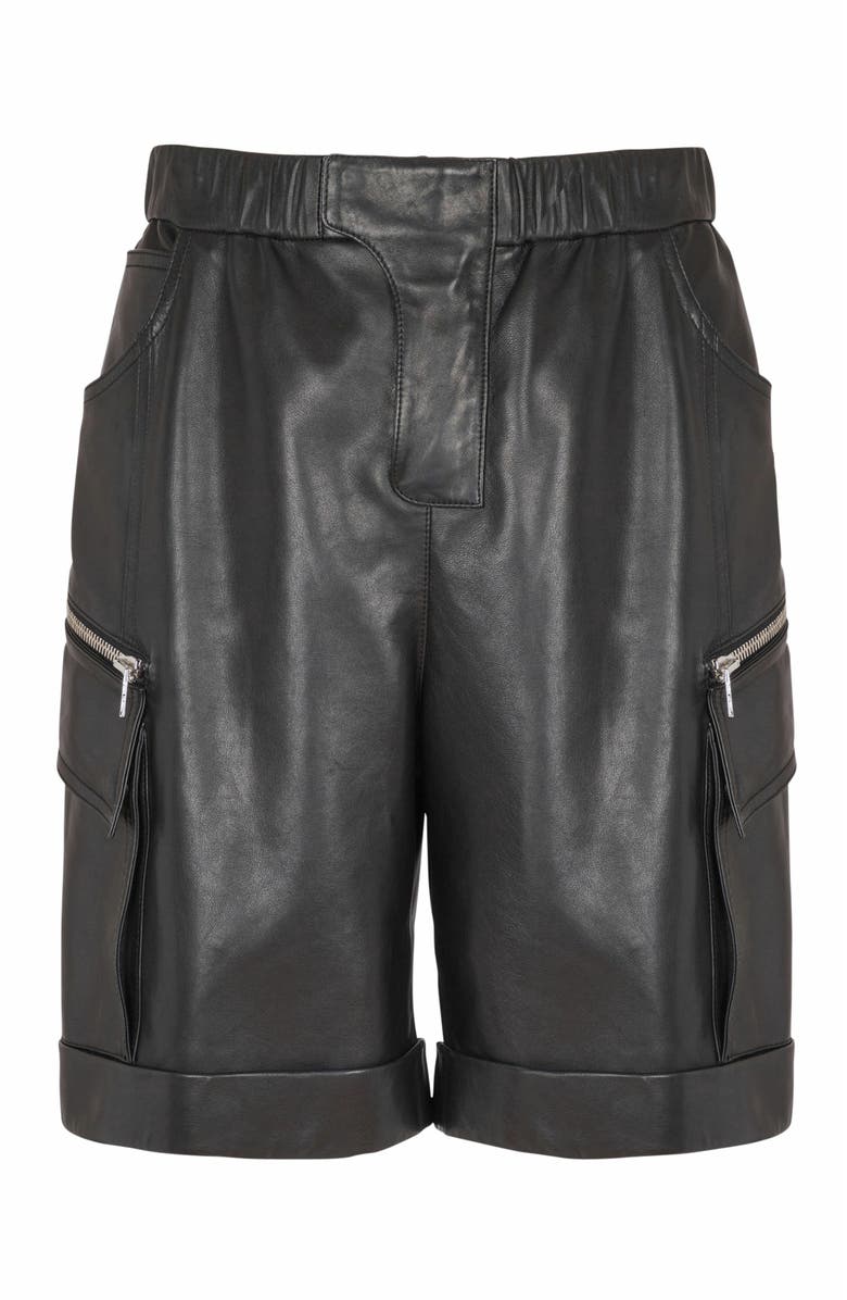 Balmain Leather Cargo Bermuda Shorts, Alternate, color, Black