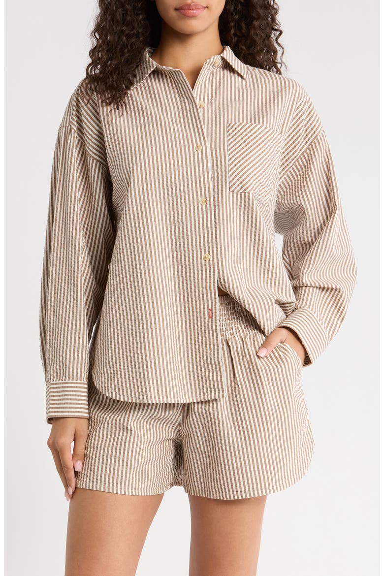Gracey Stripe Oversize Cotton & Kapok Seersucker Button-Up Shirt, Main, color, MOCHA STRIPE