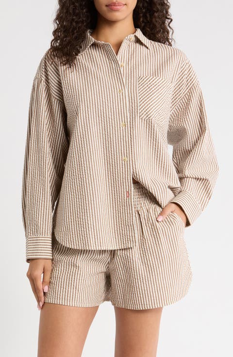 Gracey Stripe Oversize Cotton & Kapok Seersucker Button-Up Shirt