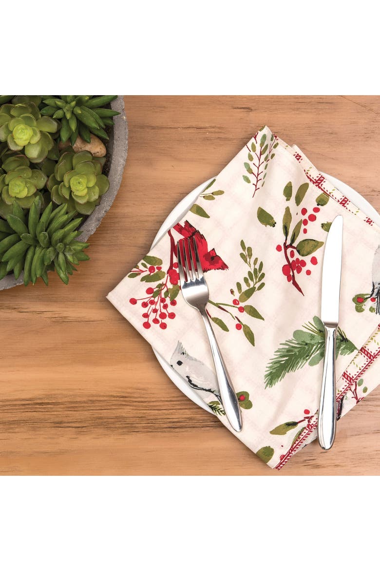 Red Cardinal & Evergreen 100% Cotton Set of 6 Cloth Napkins, Alternate, color, White