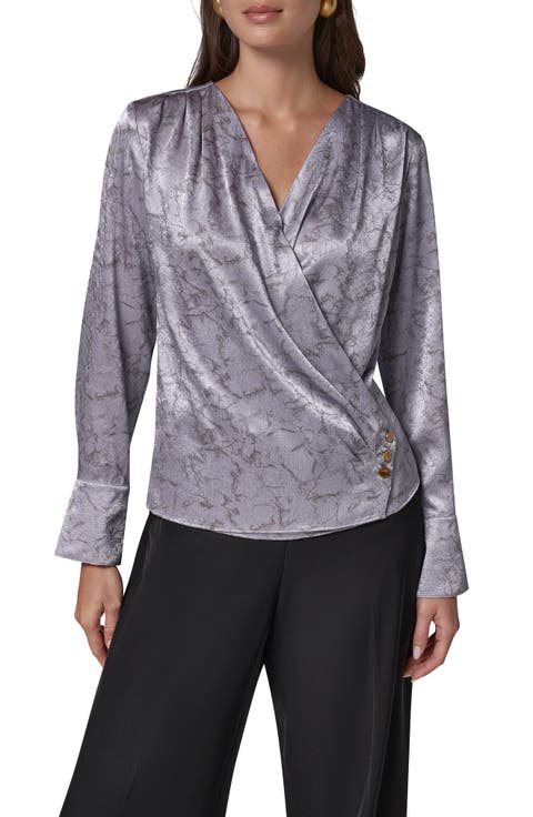 Metallic Faux Wrap Long Sleeve Top