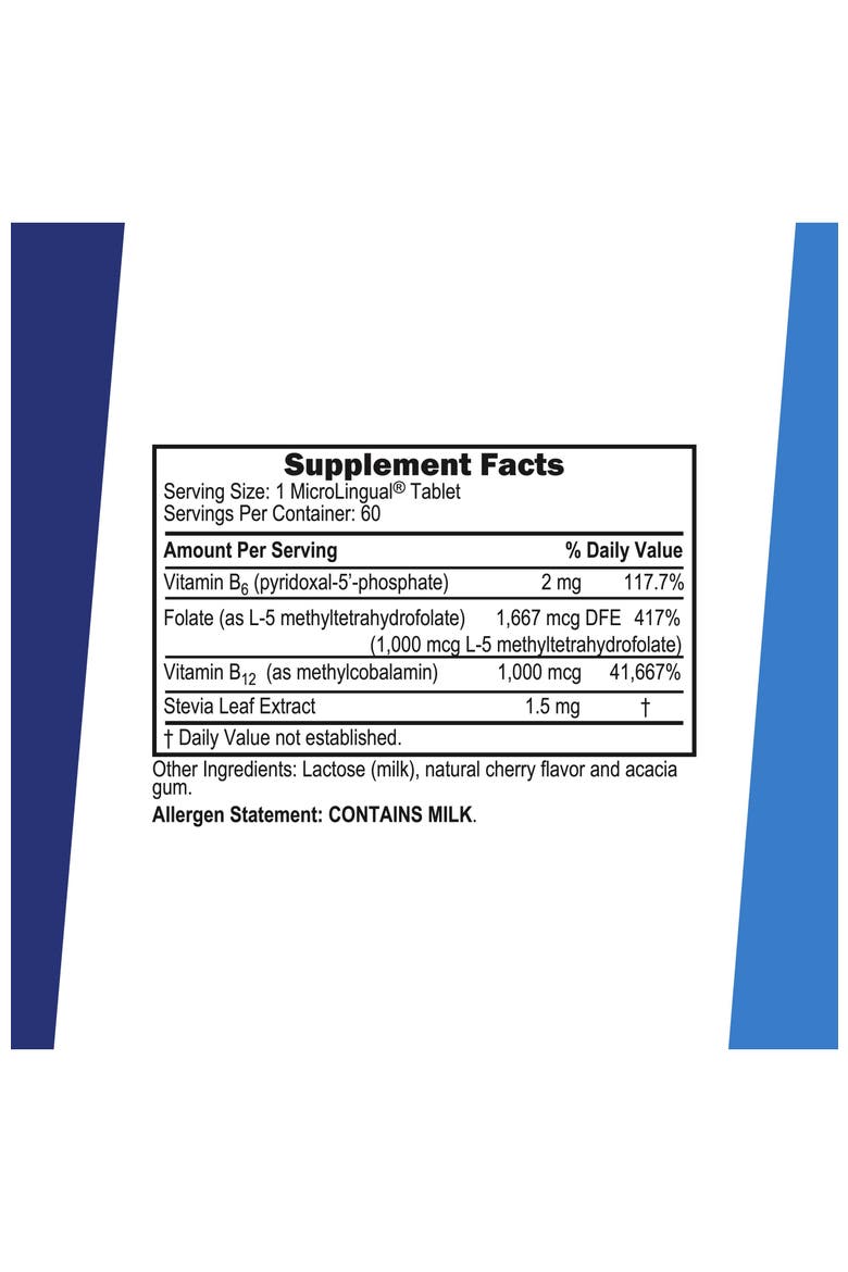 Quick Dissolve B-12 Methylcobalamin B-6 Methylfolate Sublingual Tablets, Alternate, color, White