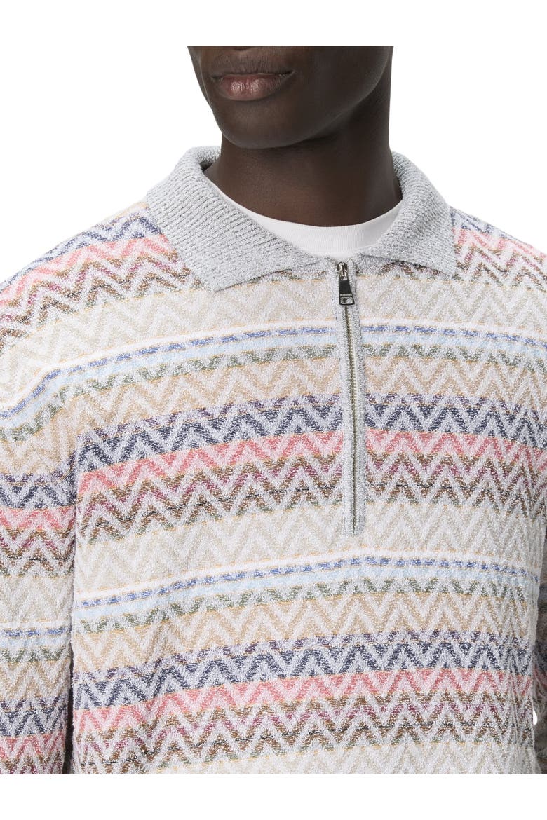 Long-sleeved Zig Zag Knit Polo Shirt With Half-zip Collar, Alternate, color, White & Beige