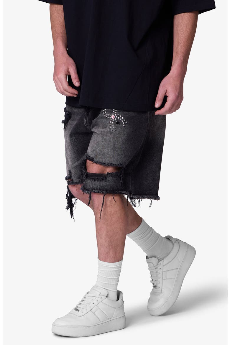 Distressed Spider Denim Shorts, Alternate, color, WASHED BLACK