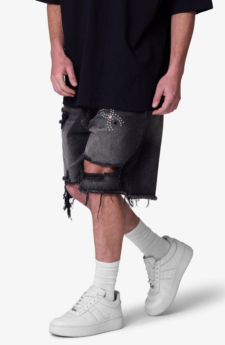 mnml Distressed Spider Denim Shorts, Alternate, color, Washed Black