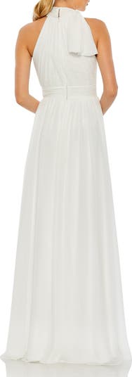 Ieena for Mac Duggal High Neck Ruched Chiffon A-Line Gown