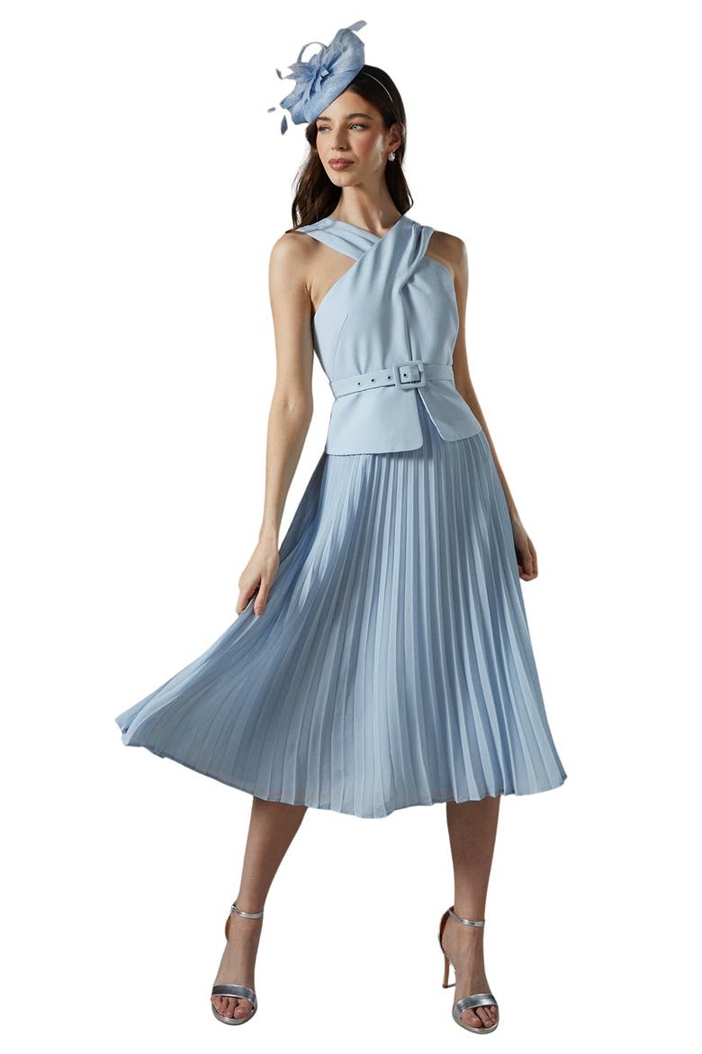 Petite Cross Over Pleated Midi Dress, Main, color, Light Blue