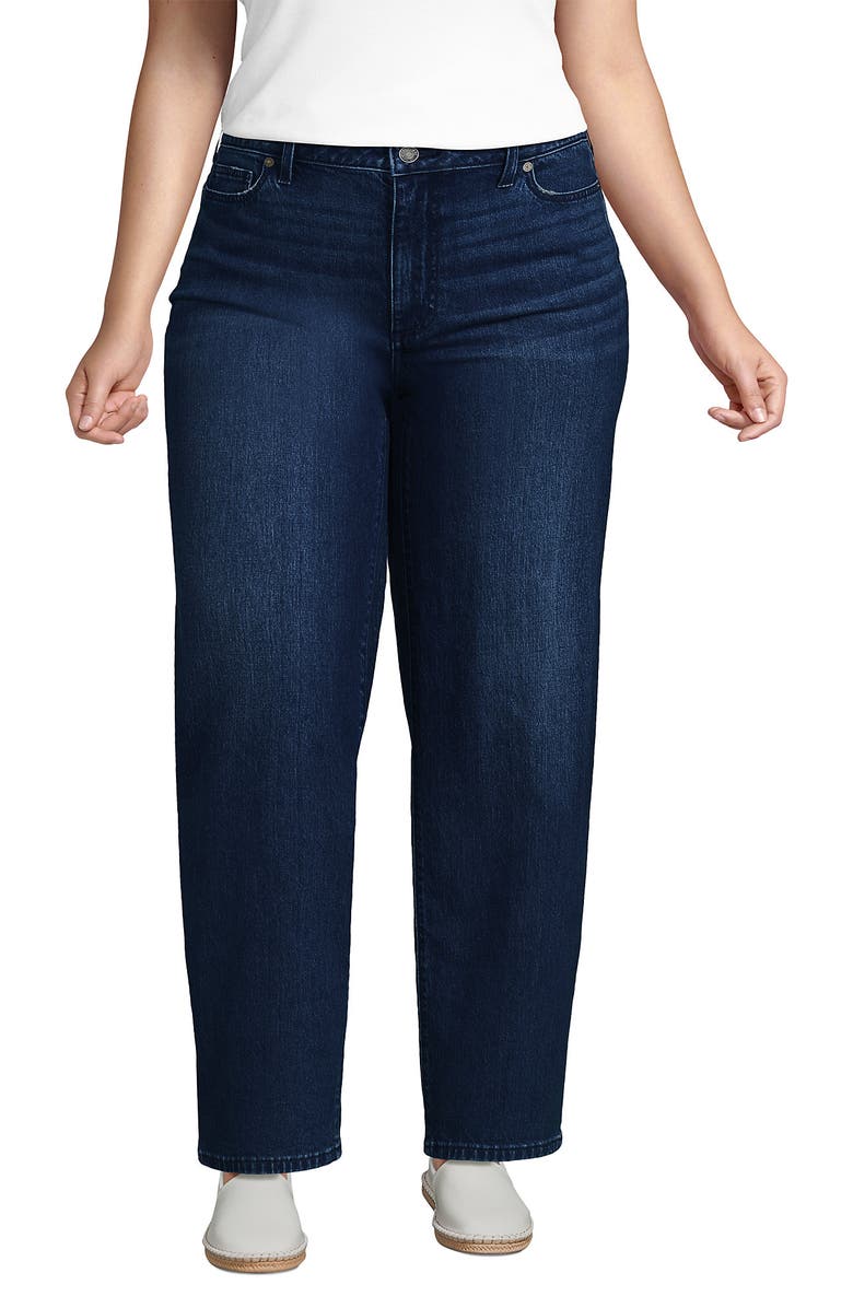 Lands' End Plus Size Soft Denim Mid Rise Relaxed Straight Leg Embroidered Jeans, Alternate, color, Dark Indigo Blue Wash