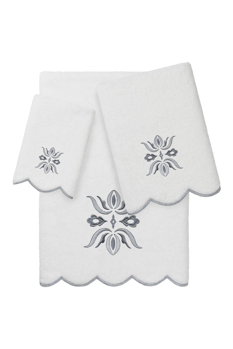 Flower Crest Scallop 3-Piece Towel Set, Main, color, WHITE/ GRAY