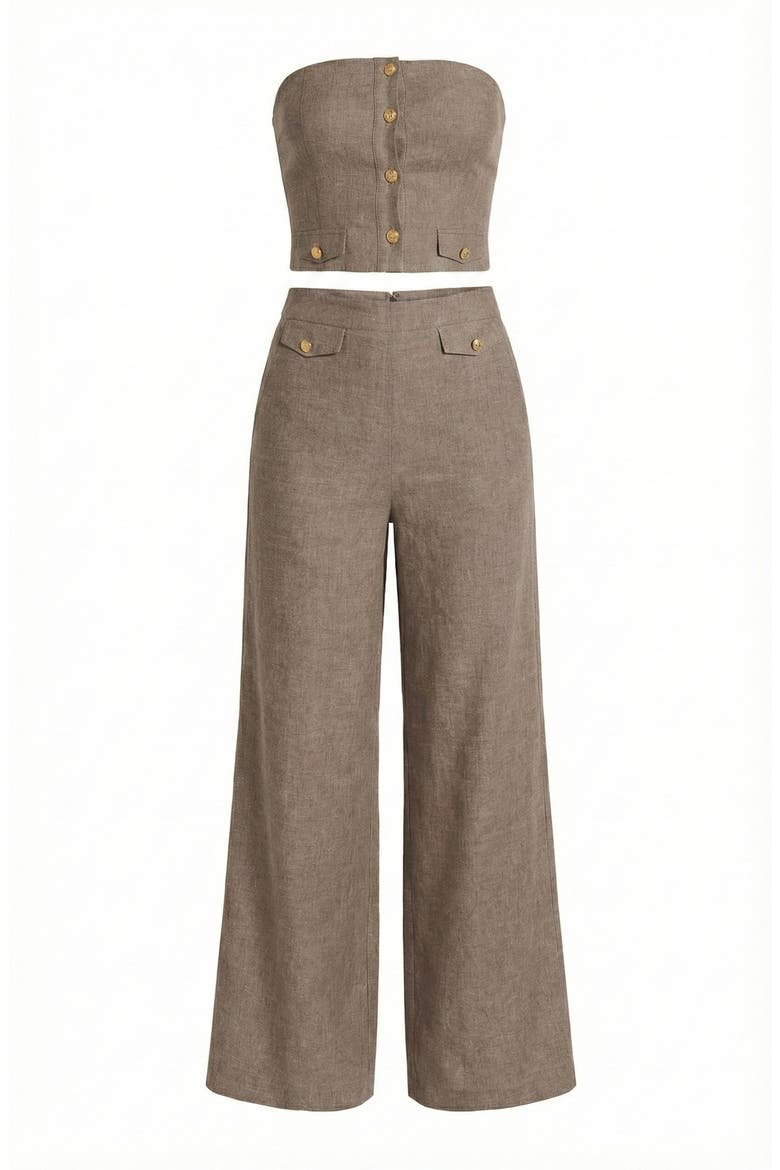 Strapless Button-Front Crop Top and Wide-Leg Pants Two-Piece Set, Alternate, color, Grey