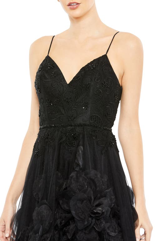 Mac Duggal Embellished Floral High Low Sleeveless Gown In Black