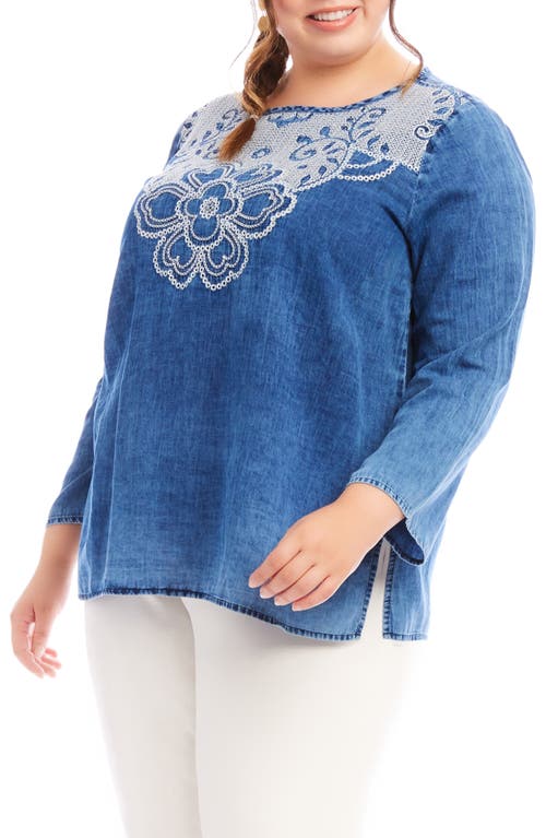 Karen Kane Floral Embroidered Denim Top In Indigo