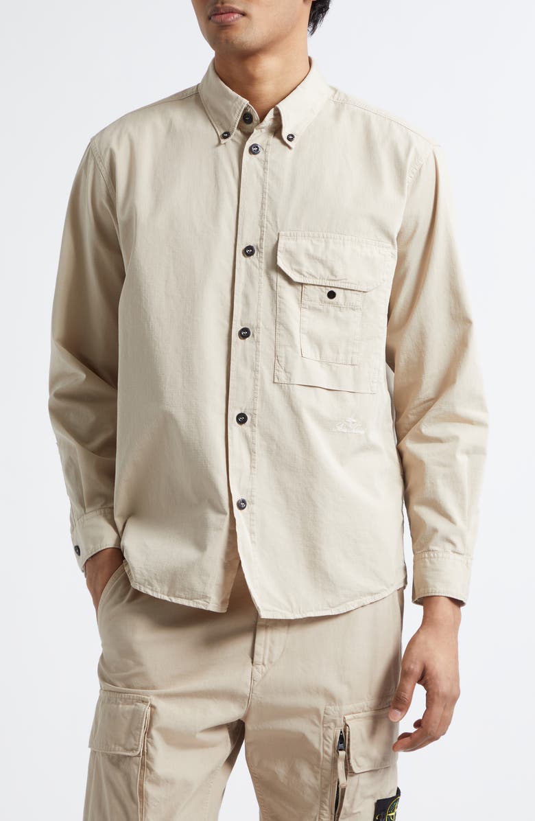 Stone Island Cotton & Nylon Ripstop Button-Down Shirt, Main, color, Desert