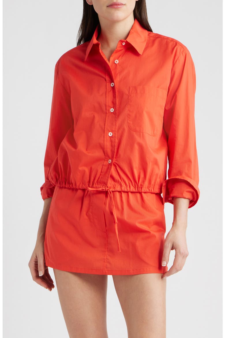 Cinch Waist Cotton Button-Up Shirt, Main, color, POPPY RED