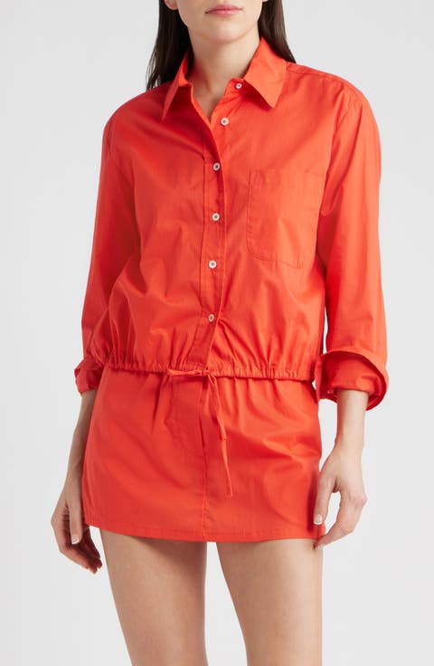 Cinch Waist Cotton Button-Up Shirt