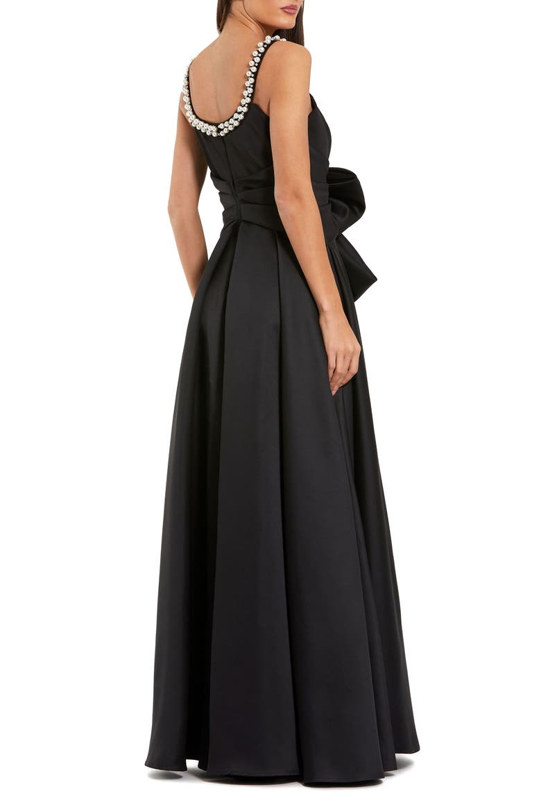 Women's Satin Gown With Pearl Neckline and Bow Detail, Alternate, color, Black