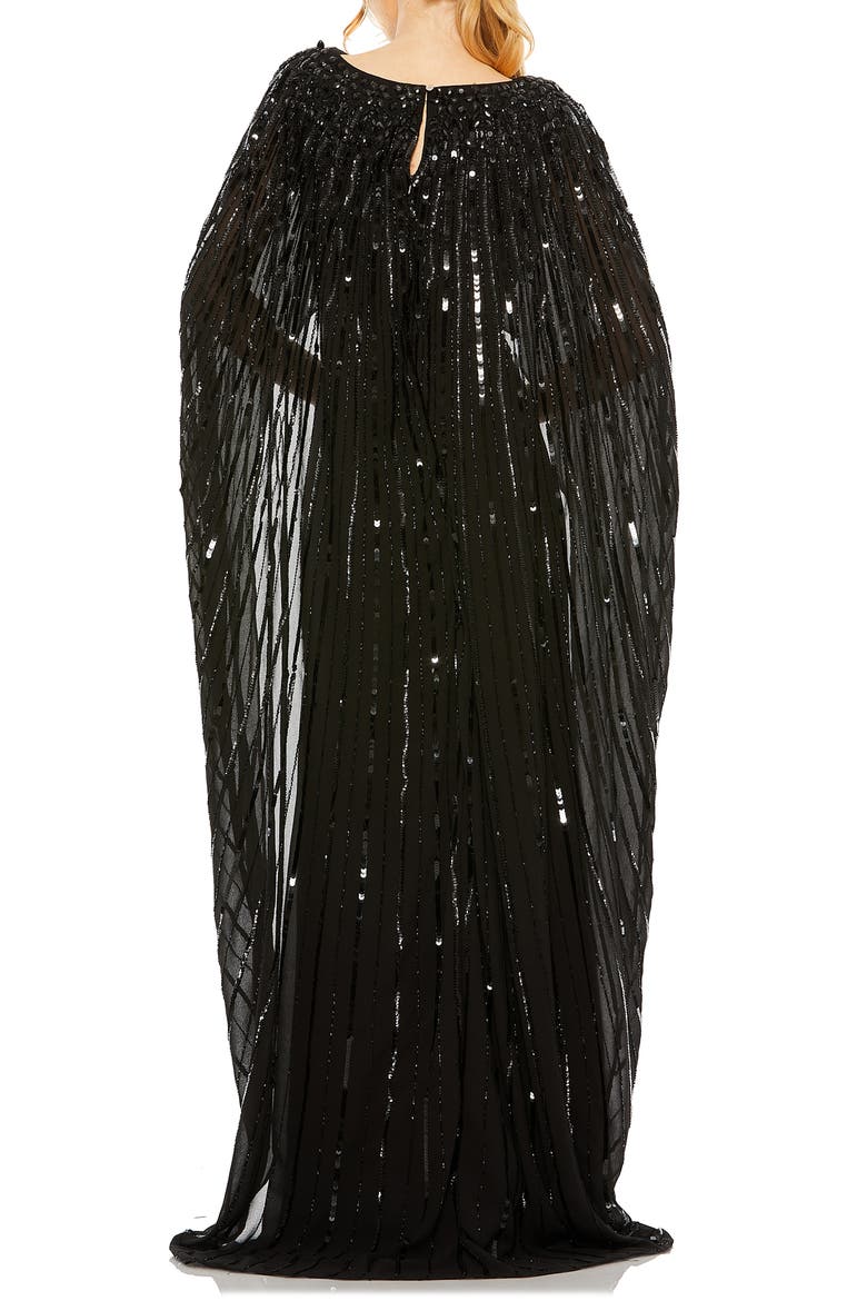 Embellished Beaded Column Cape Gown, Alternate, color, BLACK