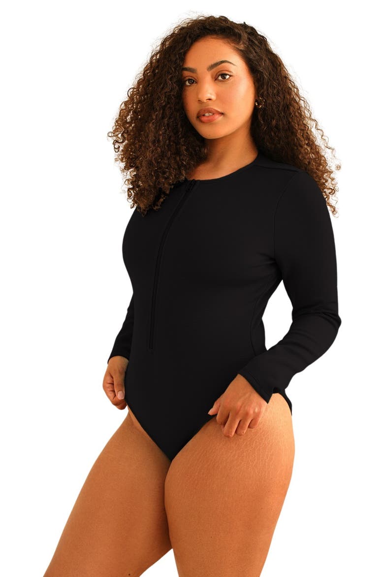 Shoal Front Zipper Long Sleeve One Piece, Alternate, color, Black
