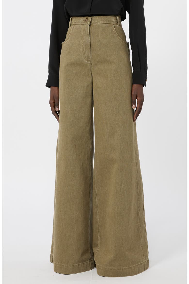 High Waist Coated Cotton Bull Denim Wide Leg Pants, Main, color, KAKI