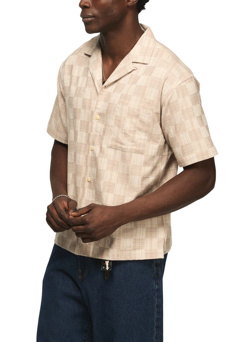 Checker Cotton Blend Camp Shirt, Alternate, color, BEIGE