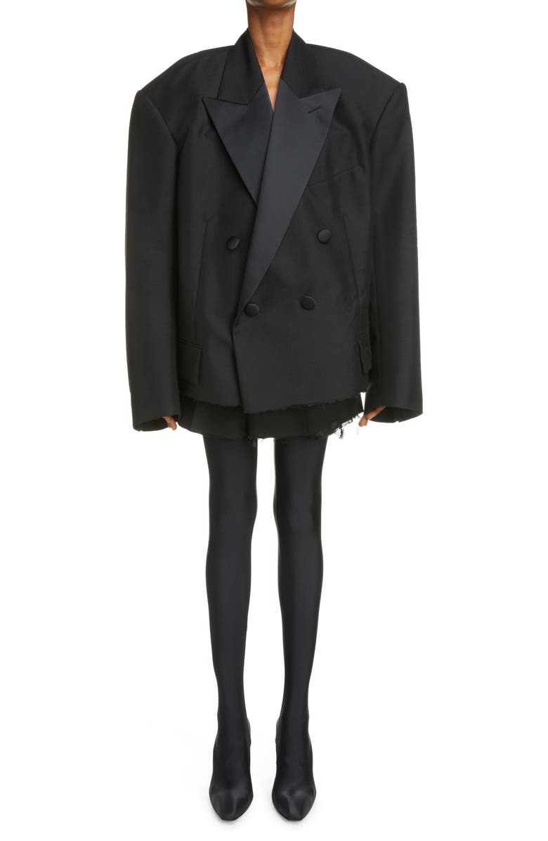 Balenciaga Oversize Raw Hem Crop Wool & Mohair Tuxedo Blazer, Alternate, color, 