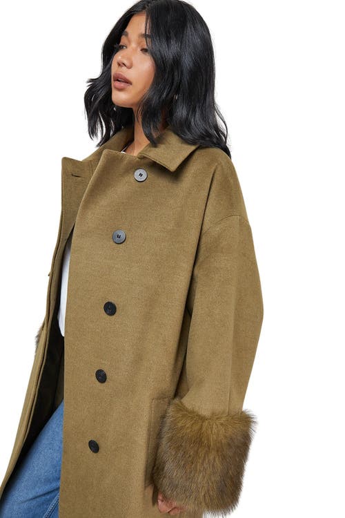 Warehouse Patch Pocket Faux Fur Cuff Maxi Coat In Green