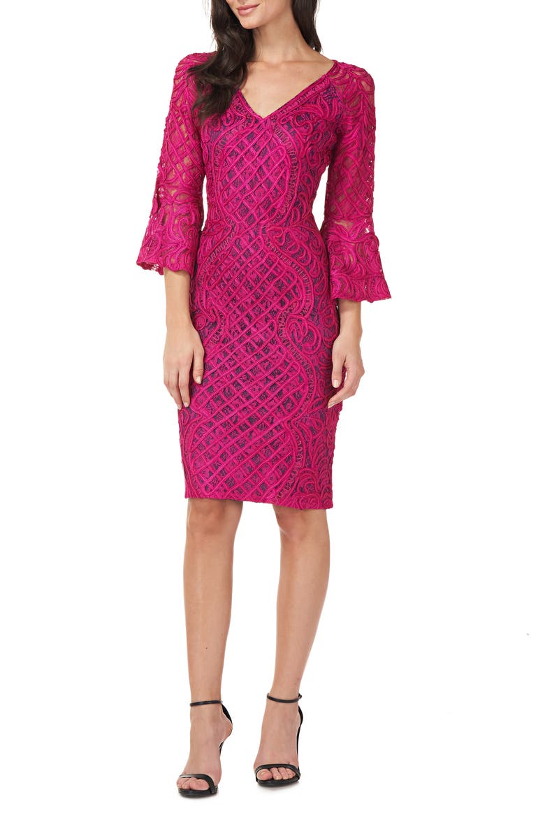 Bell Sleeve Soutache Cocktail Dress, Main, color, MAGENTA/ MIDNIGHT