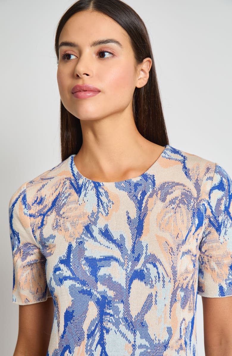 Misook Modern Fit Floral Jacuard Dress, Alternate, color, Aegean Blue/ Aquatic Multi